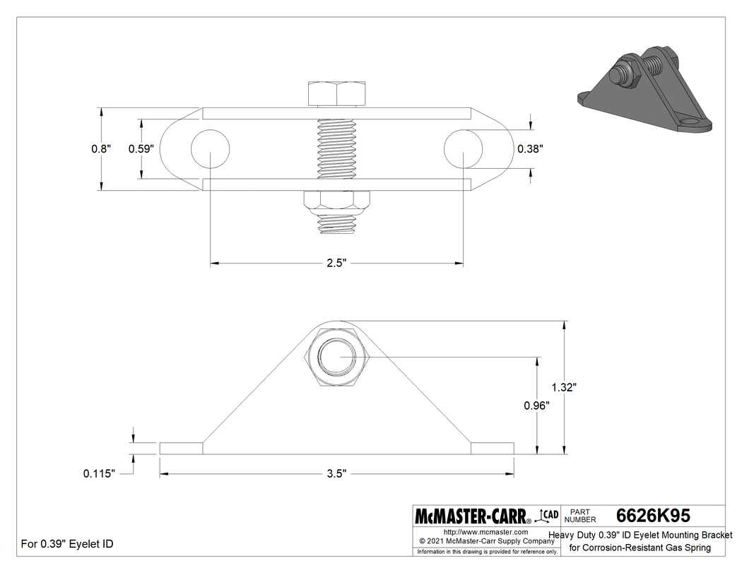 Technical Drawing of Heavy Duty 0.39" ID Eyelet Mounting Bracket for Corrosion-Resistant Gas Spring.